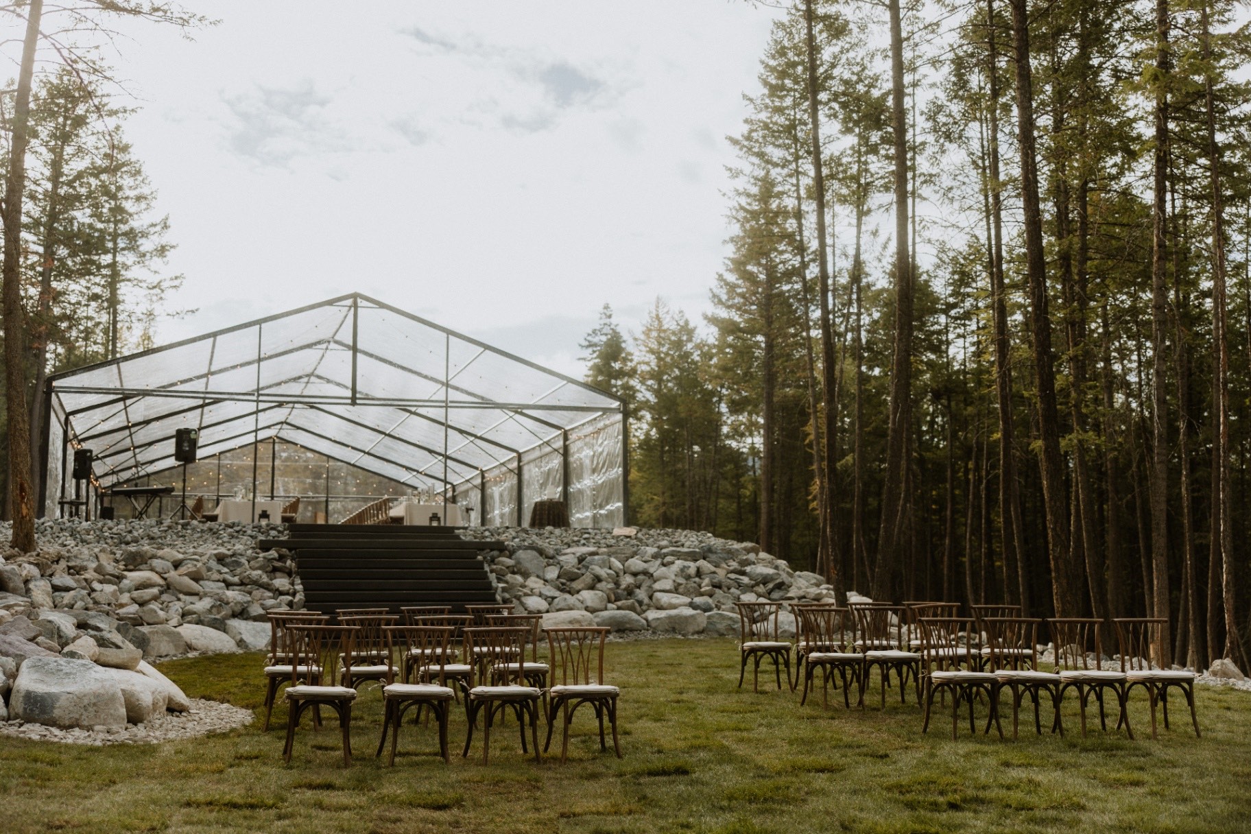 Chairs set on the ceremony lawn before guests arrive
