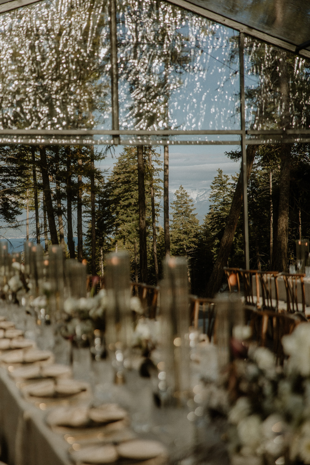 Reception tables set against the mountains