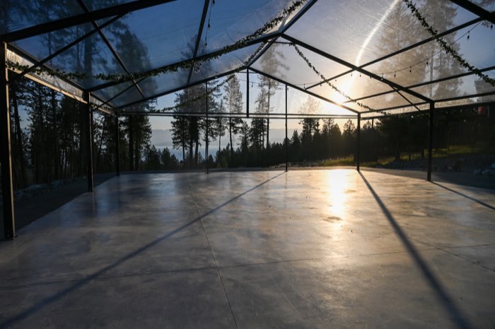 The pavilion at dusk above Flathead Lake
